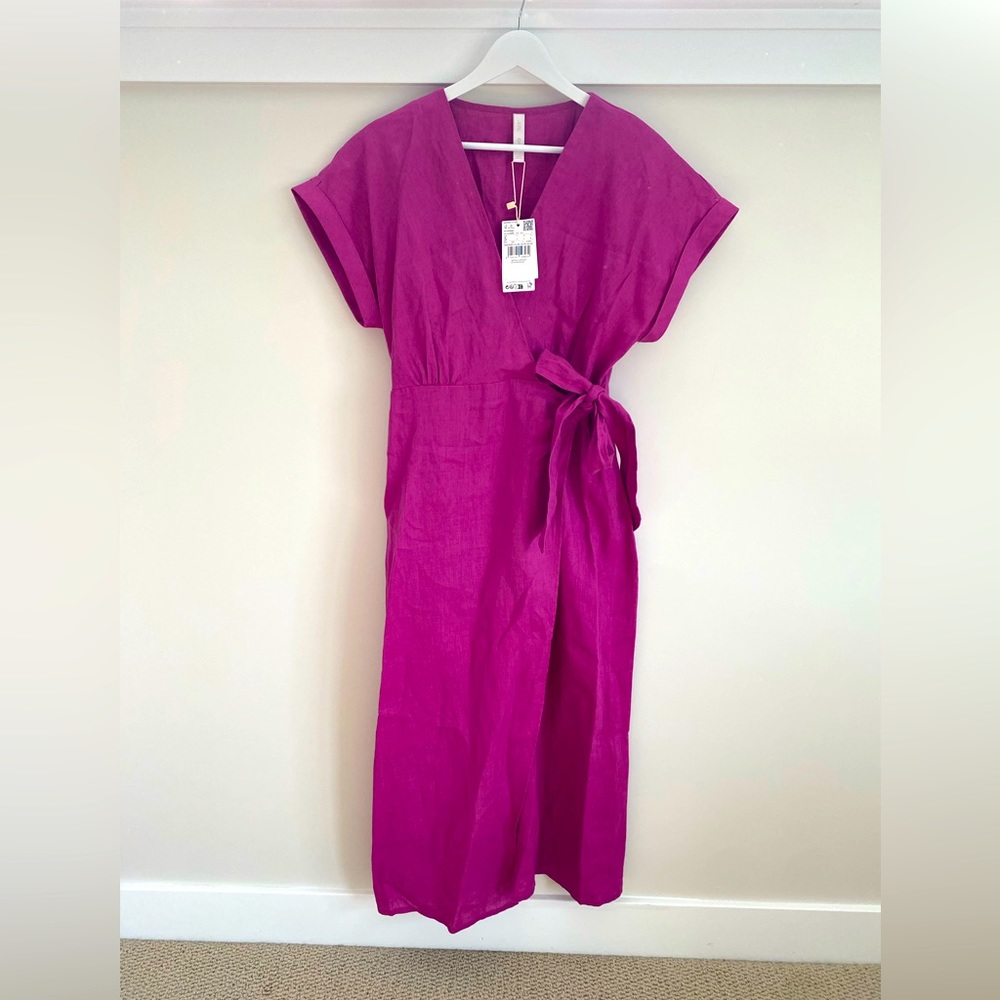 Fuchsia linen mid wrap dress